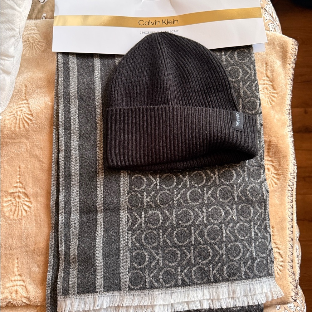 Calvin Klein Black Beanie and Patterned Gray Scarf